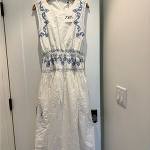 ZARA White Midi Dress with Blue Embroidered Accents